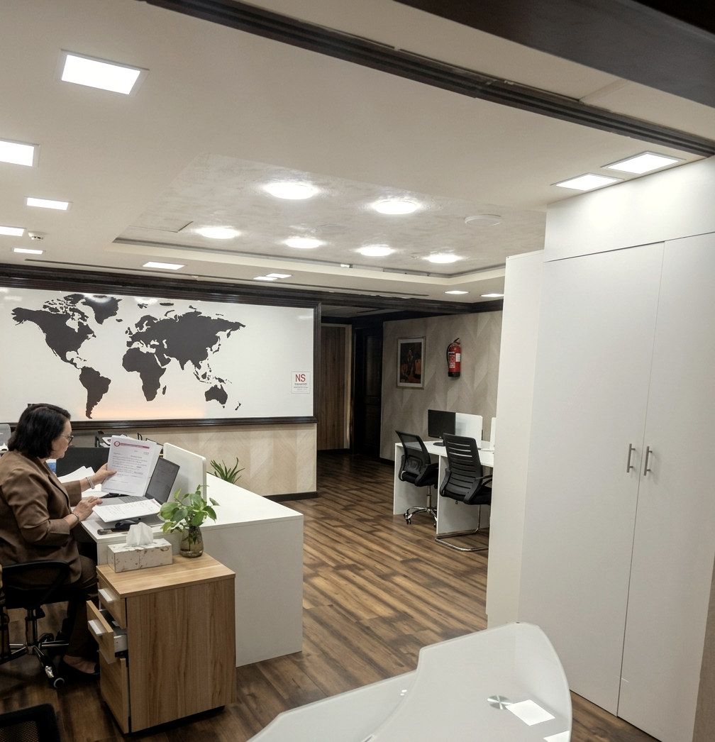 The EJK office: a desk with paperwork in the foreground, further desks behind, and a world map on the wall.